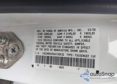 2006 Honda Accord 2.4 Lx from USA, damaged, VIN 1HGCM56456A108532